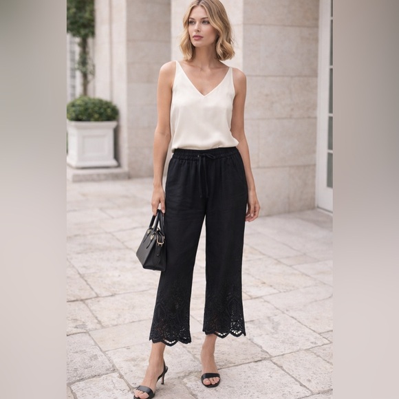 John Mark Pants - John Mark NWOT 100% Linen Black Wide Leg Lace Pants Cropped Size Large Pull On